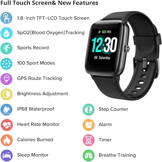 Fitpolo Fitness Tracker with Heart Rate Monitor, Smart Watch 1.8 inches Color Touch Screen IP68 Waterproof Step Calorie Counter Sleep Monitoring Pedometer Watches Activity Tracker for Women Men
