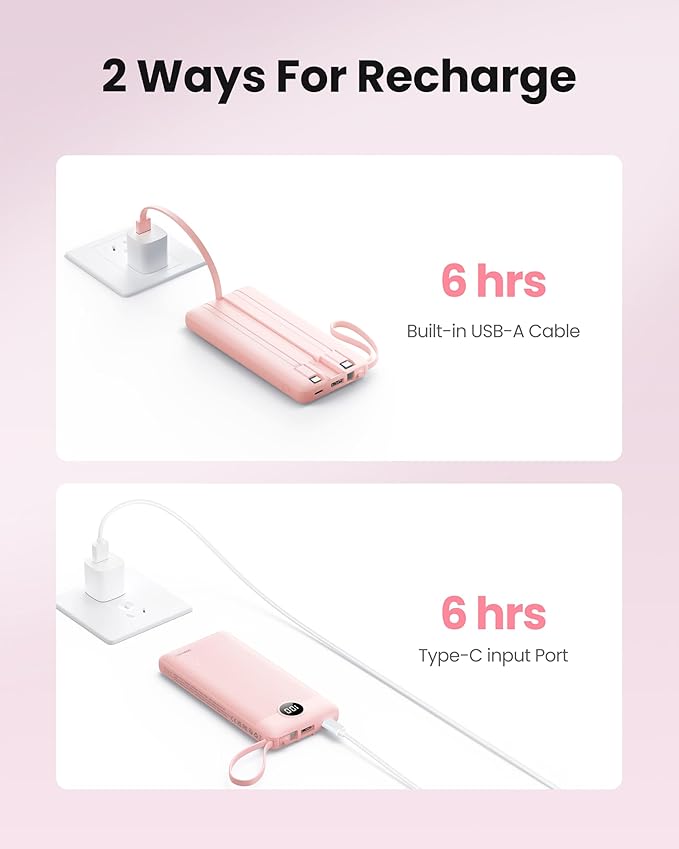 Portable Phone Charger, Slim 10000mAh Power Bank with Cords Wires, Battery Pack 5 Outputs 2 Inputs LED Display Compatible with iPhone/Android & More (Pink)