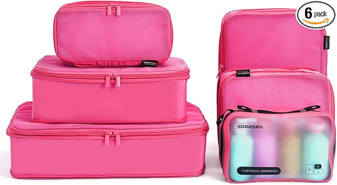 6 Set Compression Packing Cubes for Travel, Large Medium Small Luggage Organizers (Rose Red)