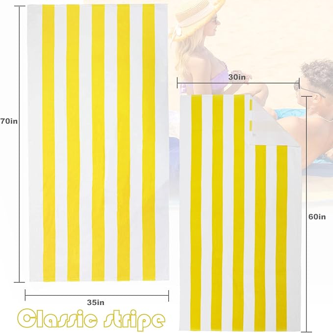 Exclusivo Mezcla 2 Pack Cotton Large 30x60 Inches Cabana Stripe Beach Towels, Super Absorbent Soft Plush Pool Bath Towel (Yellow)