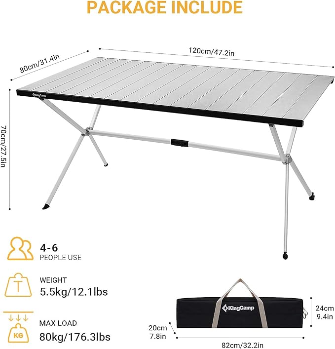 KingCamp Camping Table Roll up Aluminum Folding Table Lightweight Large Portable Foldable Camp Table for Picnic Camping Barbecue Backyard Beach Tailgate Indoor Outdoor, 4-6 Person, Support 176lbs