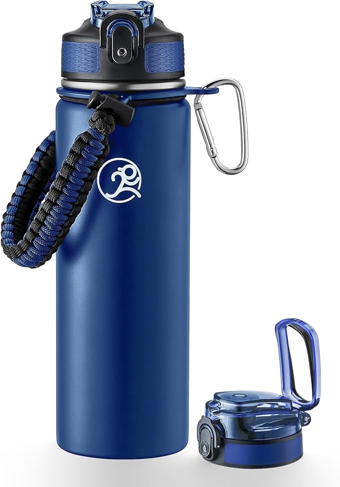GOSWAG Insulated Sports Water Bottle, 24oz 2 Lids(with Straw/No Straw), Stainless Steel Water Bottles with Paracord Handle, Insulated Bottle with Double-Wall Vacuum Insulation