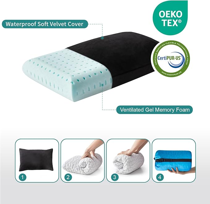Small Gel Memory Foam Camping Pillow Travel - Contoured Support -Compressible Pillow Ideal for Backpacking, Camping, Travel, Car, Airplane,Office Nap