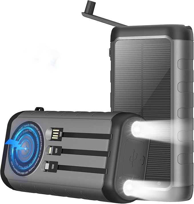 Solar Charger, 59800mAh Portable Power Bank for All Phones, Outdoor Waterproof Battery Pack Built in Hand Crank, 15W Wireless Charger 6 Outputs & 3 Inputs/LED Flashlights, Perfect for Camping Travel