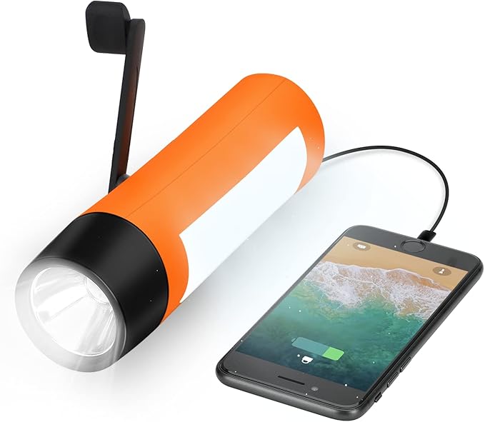 Rechargeable Hand Crank Flashlight/Generator/USB Charger for Phone and Emergency Survival Situations (Orange)