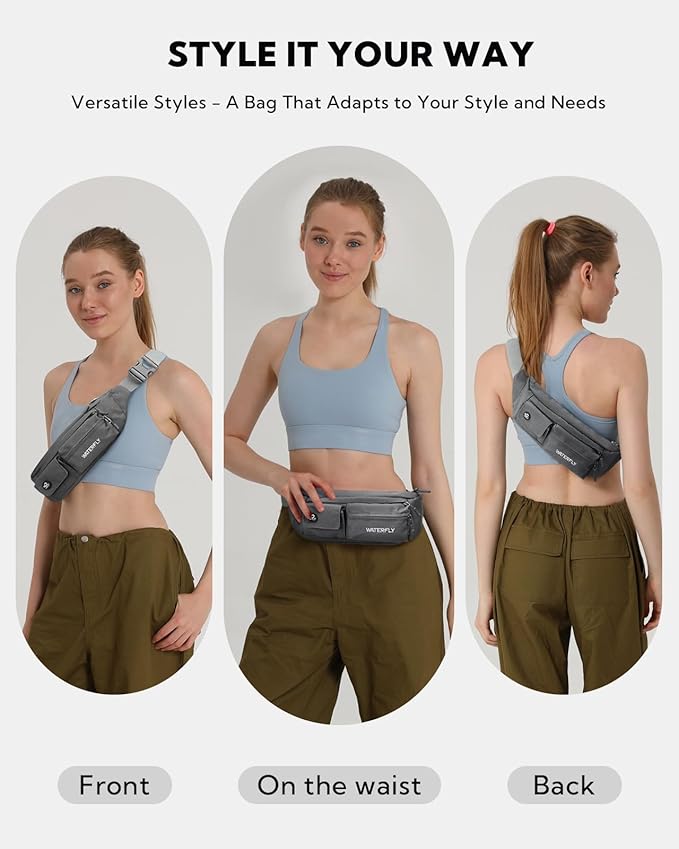 WATERFLY Small Crossbody Fanny Pack: 5 Pocket Slim Lightweight Waist Belt Hip Bag for Women Men Water Resistant Chest Pouch for Travel Hiking Running Walking Fit All Phones - Gray