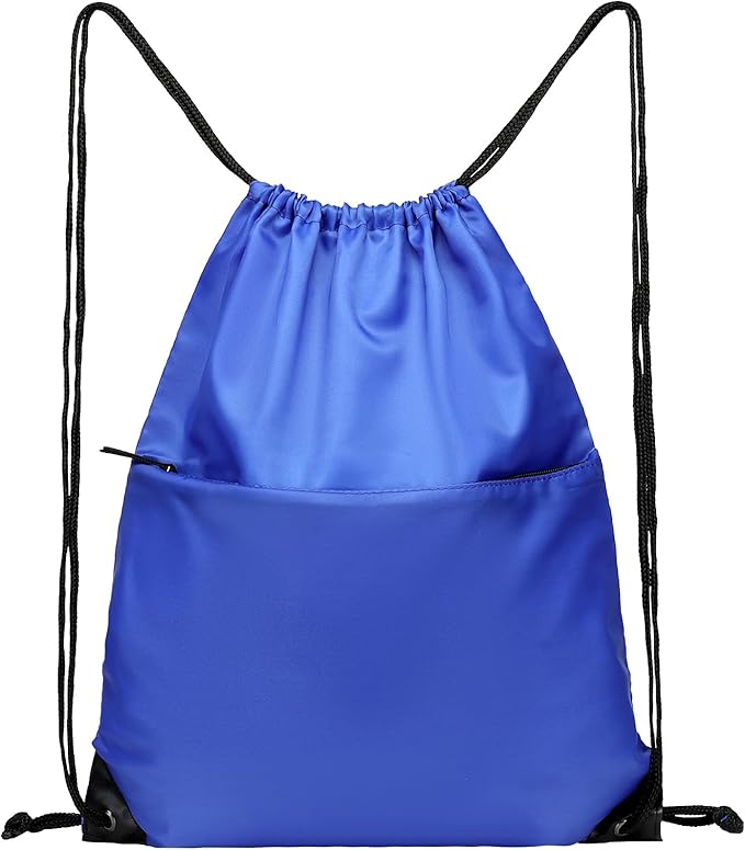 Drawstring Backpack Sports Water Resistant String Bag Sport Gym Sackpack for Women Men Large with Zipper, Royal