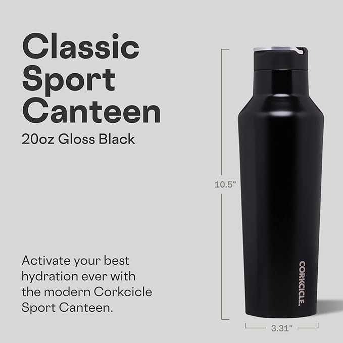 Corkcicle Sport Canteen - Keeps Drinks Cold 25 Hours - Stainless Steel Water Bottle - Triple-Insulated - Spill-Proof - Summer Drinkware Gift - Keeps Drinks Ice Cold - 20 oz - Gloss Black