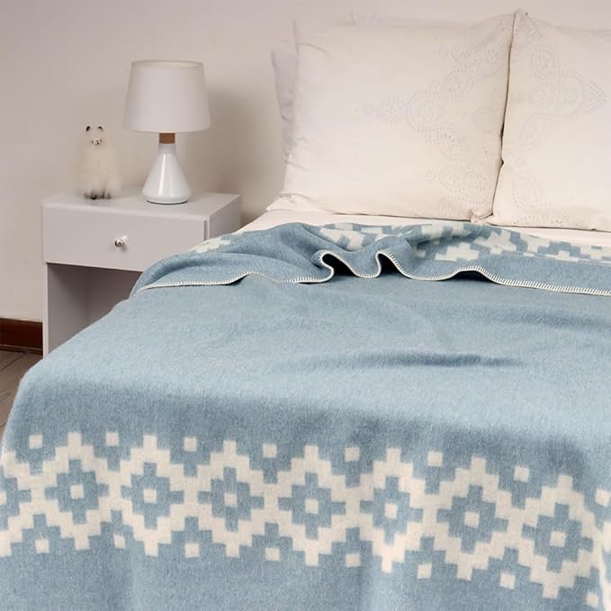 Thick Alpaca Wool Blanket Heavyweight Camping Outdoors Indoors Soft Peru Twin Size Ethnic Design (Soft Blue/Ivory, Twin Size)