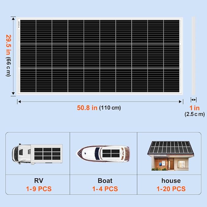 DOKIO 200W Monocrystalline Solar Panel 12V, 12BB Half-Cell High Efficiency Glass Module with Aluminum Frame, MC4 Connector, Pre-Drilled Holes for RV, Boat, Roof, Off-Grid Power