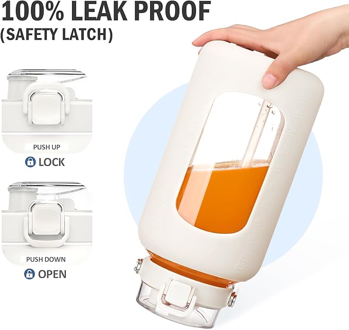 BLUEGO 84oz Water Bottle Glass with Stainless Steel Handle Large 2.5l Water Bottle with Time Markers and Silicone Sleeve Half Gallon Water Jug BPA Free for Gym Daily Use, White