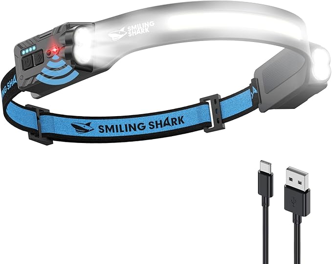 Smiling Shark TD-0123-S Headlamp, 2400mAh Ultra-Bright Head Lamp Flashlight Rechargeable with Hands-Free Motion Sensor, Multi-Mode LED Head Lamp with 315°Rotated for Outdoor, Camping, Hiking, Running