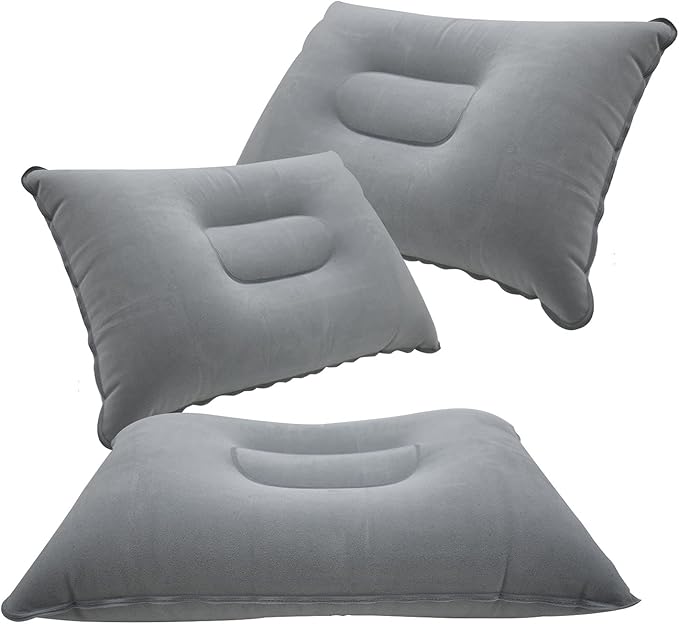 3 Pcs Grey Ultralight Inflatable Pillow Small Squared Flocked Fabric Air Pillow for Hiking,Camping,Traveling,Napping,Beach,Desk Rest,Neck &Lumbar Support