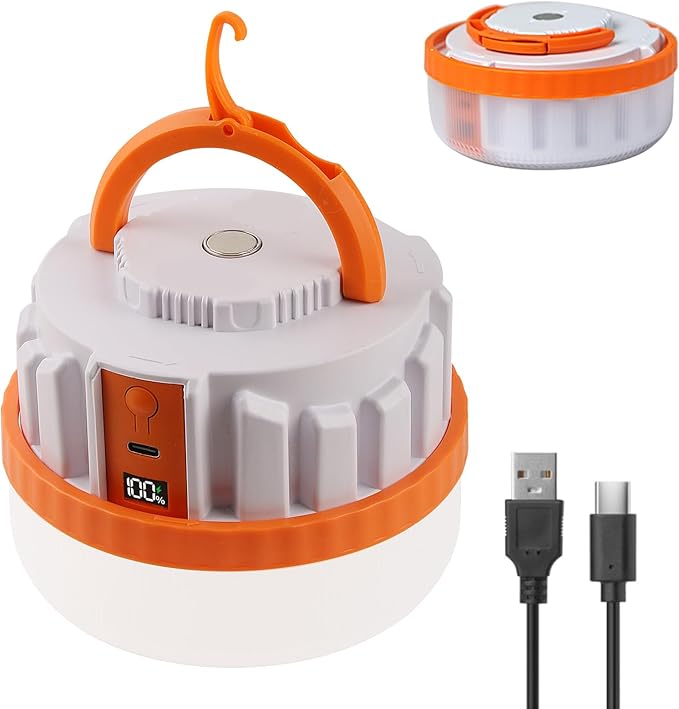 LED Camping Lantern,Scalable Foldable Camping Lamp with Digital Display Screen 5000 Lumens Rechargeable Emergency Light, 3000mAh Battery, White and Orange (Orange, 7W 3000mAh)
