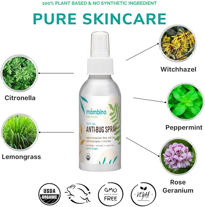 Anti-Bug Spray DEET-Free – Organic, All-Natural Bug Spray Travel Size with Essential Oils – Non-Toxic, Reef Safe, Face-Safe Bug Repellent for Babies, Kids, Adults by Mambino Organics, 4oz 3-Pack