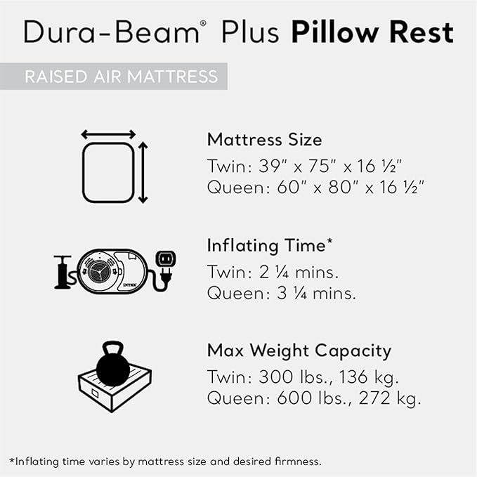 Intex Air Mattress, 64123ED Dura-Beam Plus Pillow Rest Fiber-Tech – Queen Size – Built-in Electric Pump – 16.5in Bed Height – 600lb Weight Capacity