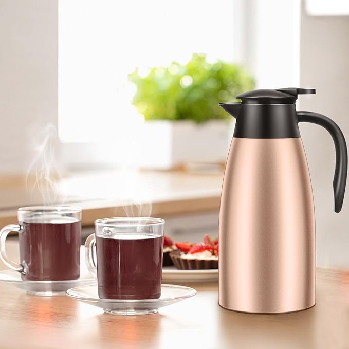 2 PCS 68 OZ Thermal Coffee Carafe, Insulated Stainless Steel Coffee Carafe Double Walled Vacuum Thermal Pot Flask with Brushes Thermos for Keeping Hot Coffee Tea Home and Office (Gold)