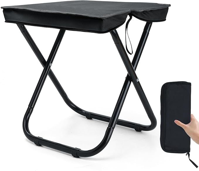 16" Foldable Portable Camping Stool Heavy Duty 350lbs for Adults Hiking, Lightweight Travel Stool with Carry Bag, Black