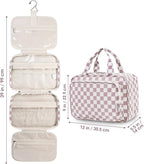 Narwey Travel Toiletry Bag for Women Large Hanging Makeup Bag Organizer Toiletries Bag for Full Size Essentials Accessories Cosmetics (Dusty Pink Checkerboard (Large))