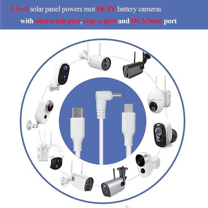 3-Pack 5W Solar Panels for Security Cameras with 360° Adjustable Mounting - IP65 Waterproof - 9.8 Ft Charging Cable - Micro USB & USB-C & DC3.5mm Ports