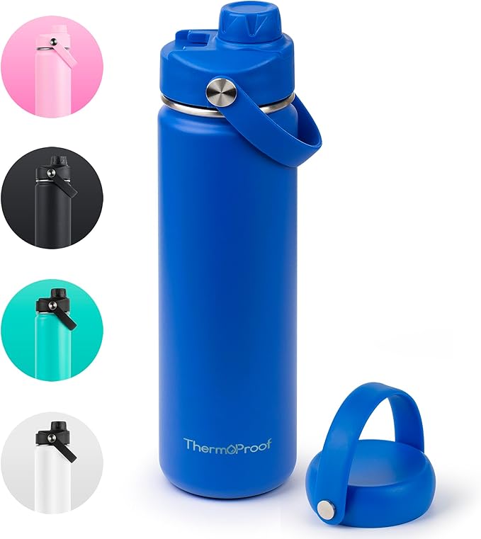 ThermoProof Double-Walled Vacuum Insulated Stainless Steel Water Bottle - Wide Mouth with Chug & Spout Lids, Dishwasher Safe, Reusable, Leakproof, Hot & Cold for Men, Women & Kids - 22 oz, Blue