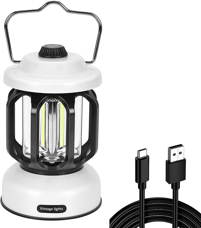 Camping Lantern Rechargeable, 360° Brightness Dimmable Retro Camping Light, Hanging Vintage Camping Lamp Outdoor Tent Light for Power Outage, Hurricane, Emergency, 3A Battery Included, White