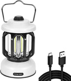 Camping Lantern Rechargeable, 360° Brightness Dimmable Retro Camping Light, Hanging Vintage Camping Lamp Outdoor Tent Light for Power Outage, Hurricane, Emergency, 3A Battery Included, White