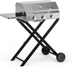 BBQ Gas Grill 3-Burner with Foldable Cart & Side Table, Portable Propane Grill with Lid for Outdoor Patio Backyard Barbecue Camping Tailgating RV Trip, Stainless Steel, GS308