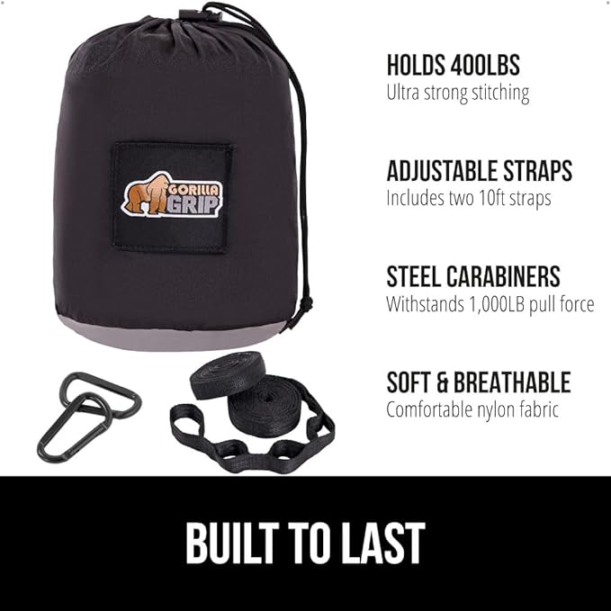 GORILLA GRIP Durable Portable Camping Hammock, Holds 400lbs with Heavy Duty Tree Straps, Comfortable Travel Swing, Camp Hammocks, Easy to Use and Install, Outdoor Essentials, Black, 9x4.5 FT