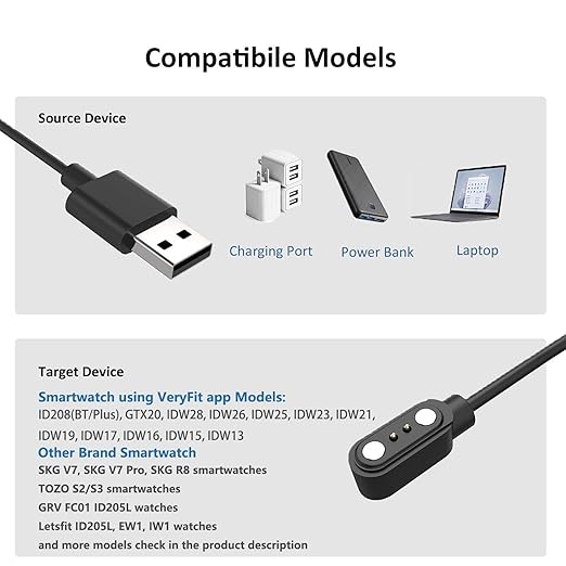 VeryFit Smartwatch Charger, Fit for ID208, GTX20, IDW13/15/16/17, IDW19/20/25/26/28 and More, Replacement Magnetic USB Cable for Fast and Easy Charging, 3.3 ft, (ID-Cable)