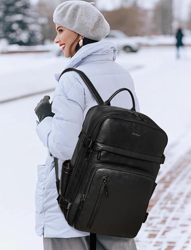 Travel Backpack for Women, Fits 17.0" Notebook, Stylish Lay-Flat Carry-on Vegan Leather Backpack with Luggage Strap for Travel and Daily Use