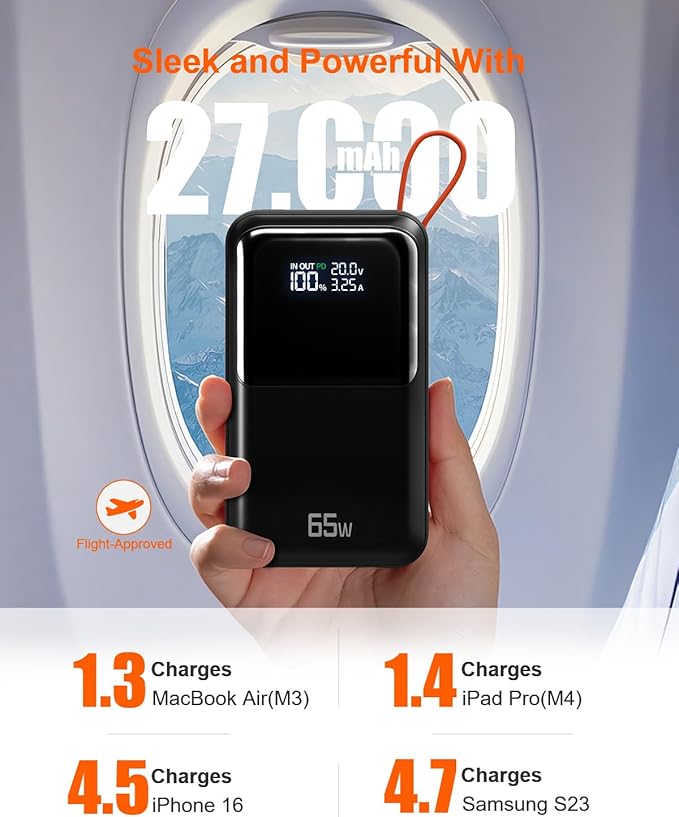 65W Portable Laptop Charger - 27,000mAh Power Bank with Built-in USB-C Cables, 3-Port 130W Total Fast Charging for MacBook/iPhone/Steam Deck|TSA-Approved Travel Essential Airplane Safe Battery Pack