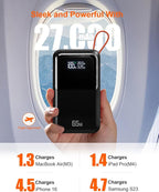 65W Portable Laptop Charger - 27,000mAh Power Bank with Built-in USB-C Cables, 3-Port 130W Total Fast Charging for MacBook/iPhone/Steam Deck|TSA-Approved Travel Essential Airplane Safe Battery Pack