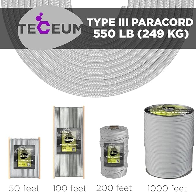 TECEUM 5/32" Paracord Rope 1000 – 1000ft / 200ft / 100ft / 50ft – Tactical Parachute Cord 4mm – 45+ Colors – Nylon String for Survival & Camping Gear – Stripe Cord for Survival – Utility Rope