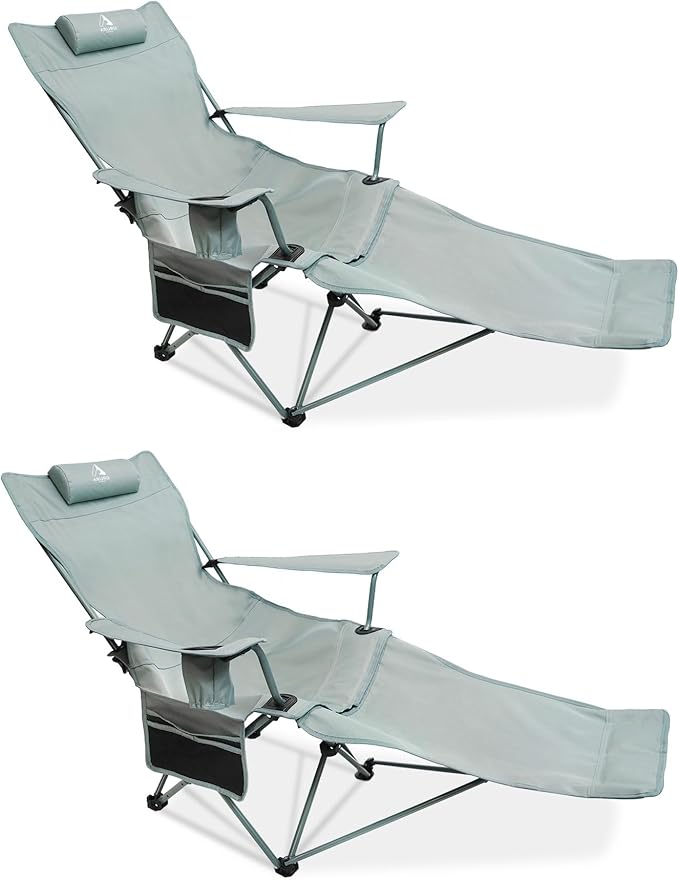 2-in-1 Reclining Camping Chair, Portable Folding Beach Lounge Chair with Footrest & Adjustable Backrest, Comfortable Lawn Chair for Adults Heavy Duty with Cup Holder for Outdoor Poolside Sports
