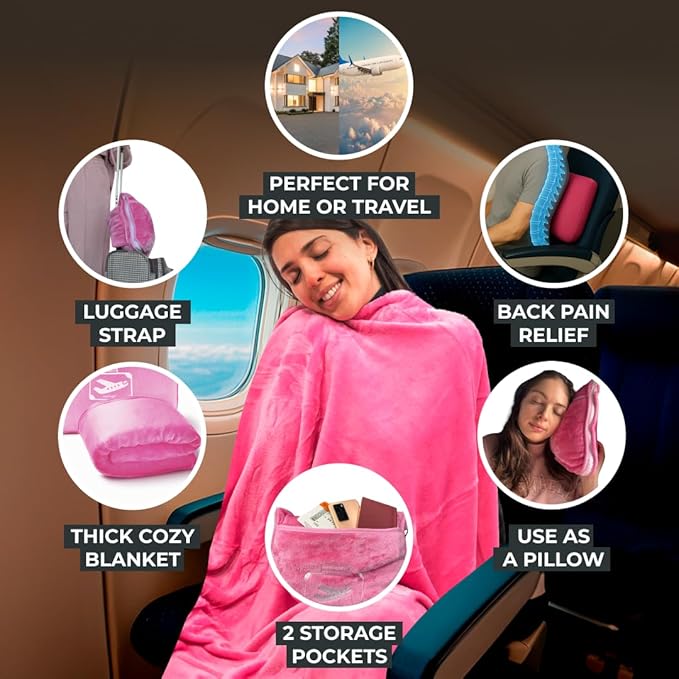 FlyHugz Pink Travel Blanket & Pillow Set (59.1"x47.2") with Carry Case, Luggage Sleeve & Clip – Portable, Lightweight, Breathable & Washable – Perfect for Plane, Car, Camping & Travel