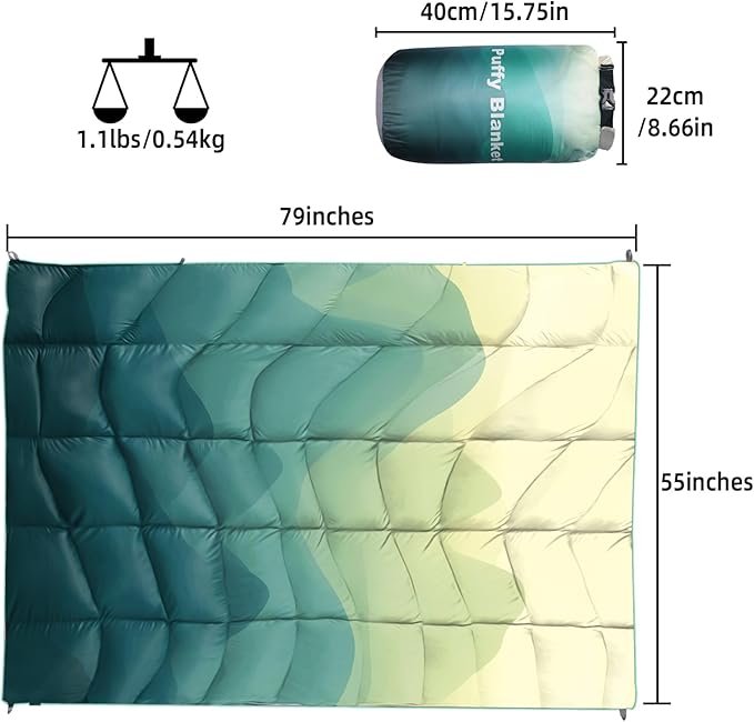 Outdoor Puffy Camping Blanket, Lightweight Down Alternative Puffy Printed Camping Large Ultra Warm Hammock Top Quilt Waterproof Blanket for Traveling Picnic Beach Party Cold Weather (Green Mountain)