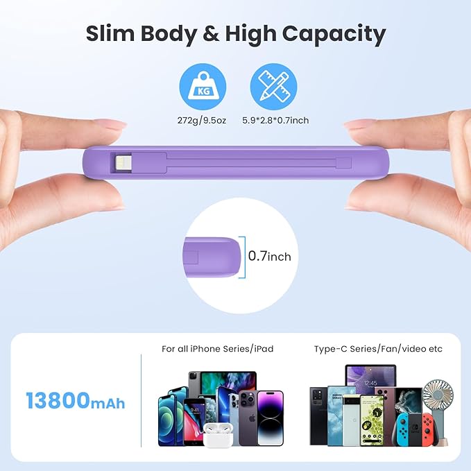 Portable Charger 13800mAh Slim USB C Power Bank with Built in Cables and Wall Plug,LCD Display Lightweight Travel Battery Pack,PD Fast Charging Compatible with iPhone 15,14,Samsung Android-Purple