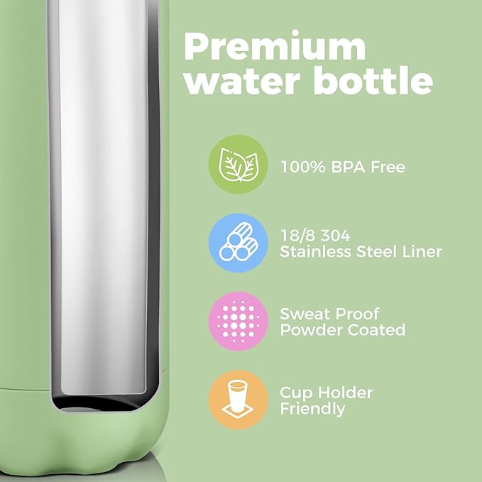 Volhoply 25oz Insulated Water Bottles 1/2/4 Pack, Double Wall Stainless Steel Vacuum Flask Keeps Cold & Hot, BPA Free Leakproof Bottle (Green,2 Pack)