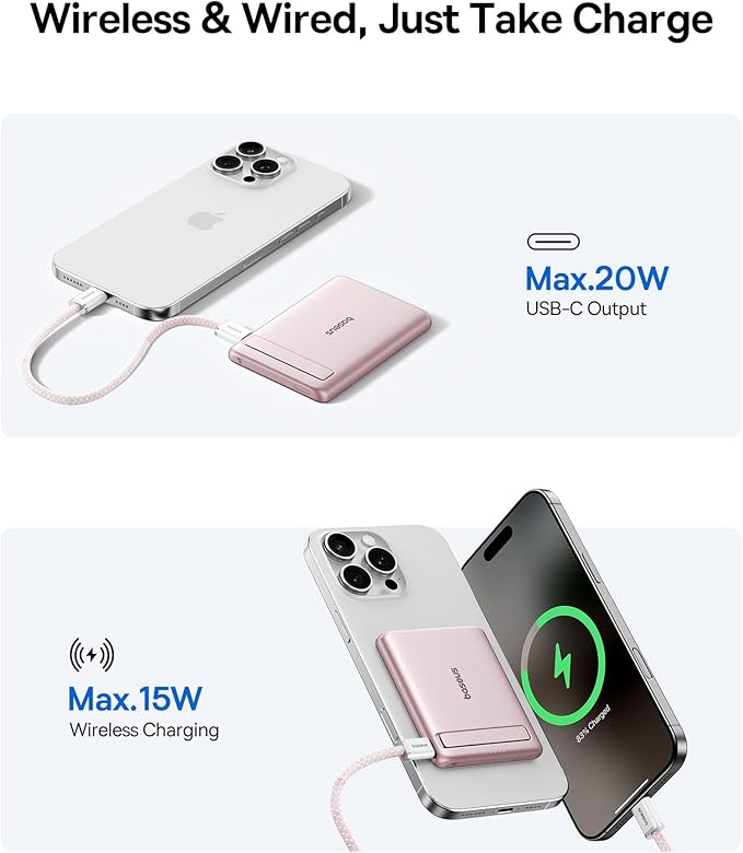 Baseus Picogo Power Bank, Smallest Qi2 Certified 15W MagSafe Portable Charger, 0.5" Ultra Slim 5000mAh Magnetic Battery Pack with Stand, Alloy Wireless Charger for iPhone 17 Pro Max/17 Air/16 Series
