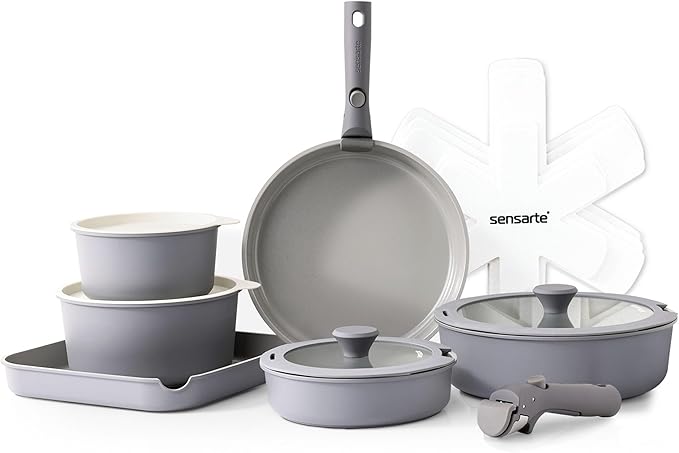 SENSARTE 17 Piece Ceramic Pots and Pans Set, Nonstick Detachable Handle Cookware, Induction Kitchen Cookware Set with Removable Handle, Dishwasher ＆ Oven Safe (Gray)