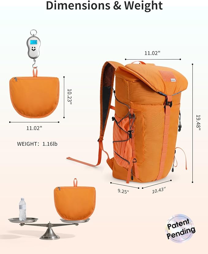 Blue Quartz Hiking Backpack 30L Lightweight Packable Backpack for Travel, Water Resistant Foldable Daypack for Women Men, Orange