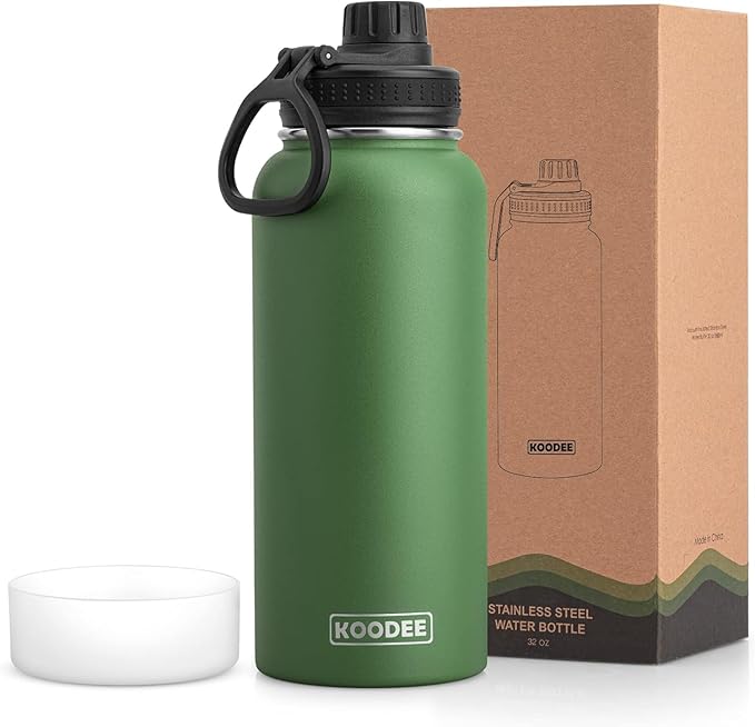 Koodee Insulated Water Bottle, 32 oz Stainless Steel Double Wall Vacuum Wide Mouth Sport Bottle with Leakproof Spout Lid (Grass Green)