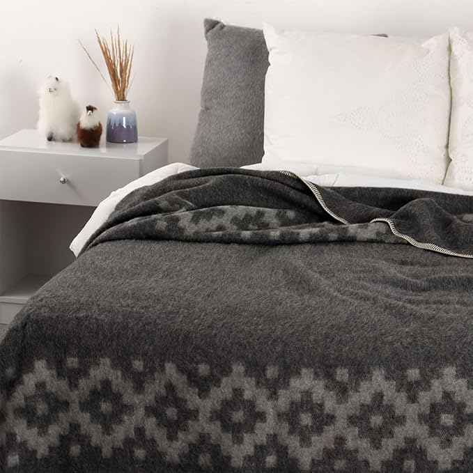Thick Alpaca Wool Blanket Heavyweight Camping Outdoors Indoors Soft Peru Queen Size Ethnic Design (Dark Gray - Soft Gray, Queen Size)