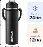 GOSWAG Insulated Sports Water Bottle, 24oz 2 Lids(with Straw/No Straw), Stainless Steel Water Bottles with Paracord Handle, Insulated Bottle with Double-Wall Vacuum Insulation