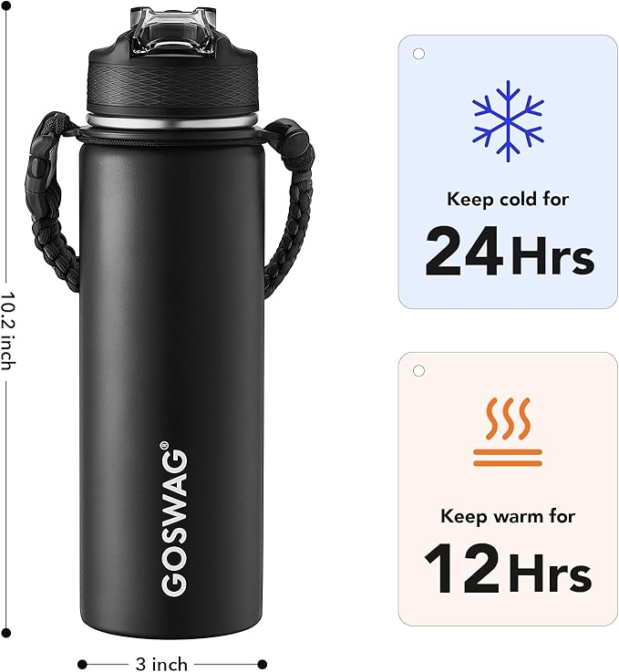 GOSWAG Insulated Sports Water Bottle, 24oz 2 Lids(with Straw/No Straw), Stainless Steel Water Bottles with Paracord Handle, Insulated Bottle with Double-Wall Vacuum Insulation
