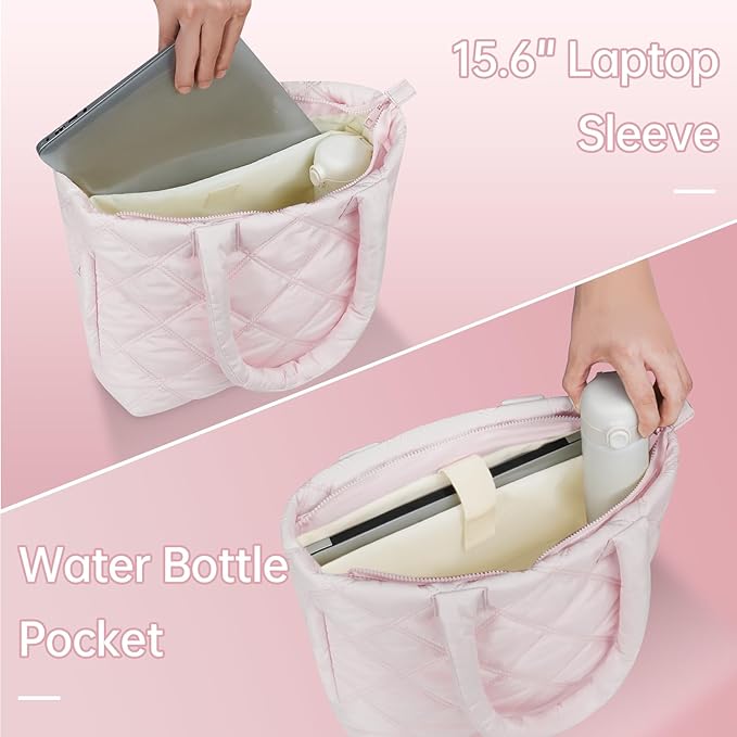 Puffer Tote Bag for Women, Quilted Bag with Zipper, Small Tote HandBags for Work, Travel