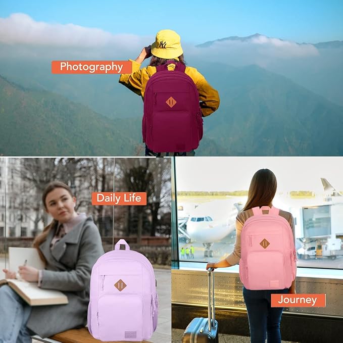 KEOFID Classic Travel backpack for Men and Women, Anti Theft Laptop Backpack with USB Charging Port for Work, Large Bag for College, Water Resistent(Bright Pink)