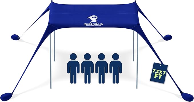 SUN NINJA Beach Tent Sun Shelter UPF50+ - Easy Pop Up Beach Canopy - Outdoor Shade for Camping Trips, Fishing, Backyard Fun Picnics - Sand Shovel, Ground Pegs & Stability Poles
