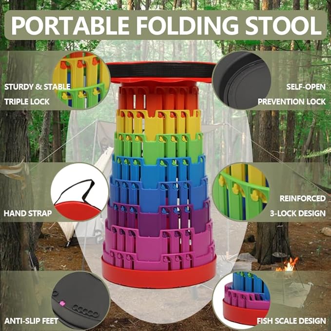 2025 Collapsible Stool Chair, Upgraded Folding Stool for Adults Lightweight, Sturdy, Adjustable, Portable, Foldable Seat Sturdy Stools for Outdoor Camping Fishing Hiking Gardening BBQ